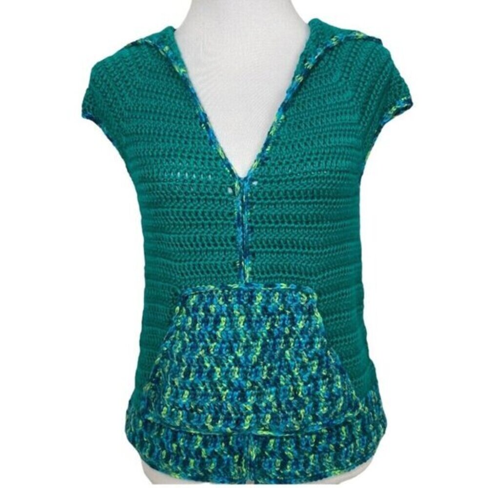 Handmade Women's New Green Crochet Hooded Cap Sleeve Knit Sweater S/C35‎